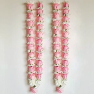 aby pink rose and white Sevanthi varmala – a dreamy floral garland for weddings.