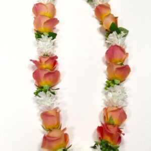 Orange roses and white Sevanti varmala – an elegant and graceful wedding garland.