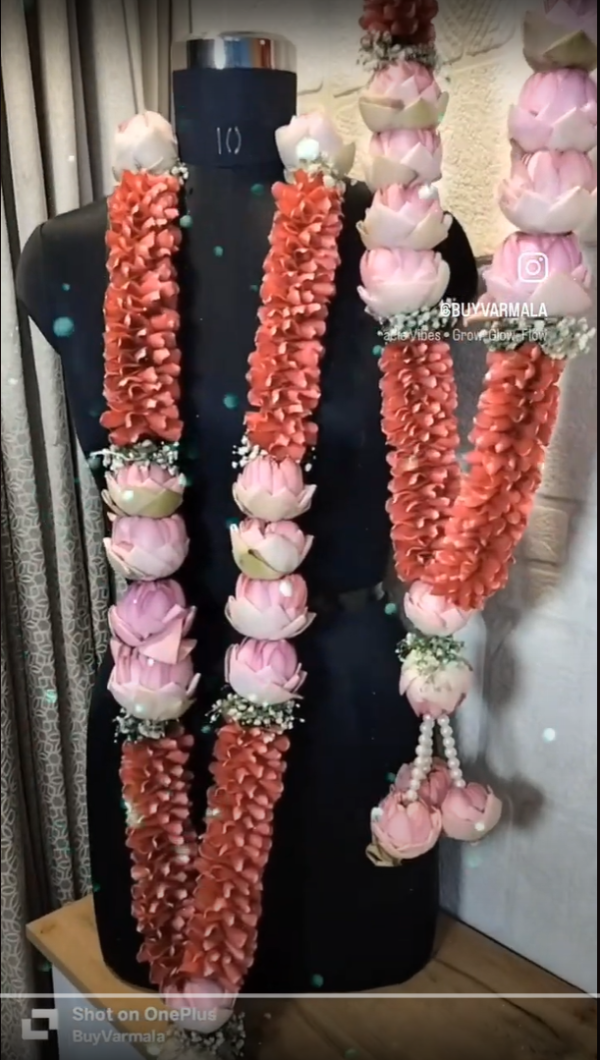 Fresh Lotus Flowers & Red Roses Petals Varmala