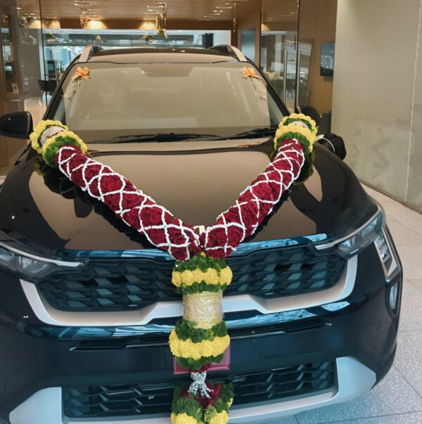 Dark Red Roses with White Flowers Car Garland