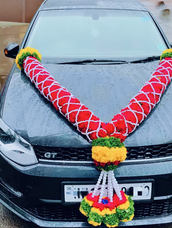 Red and Yellow Roses with White Flowers Car Garland